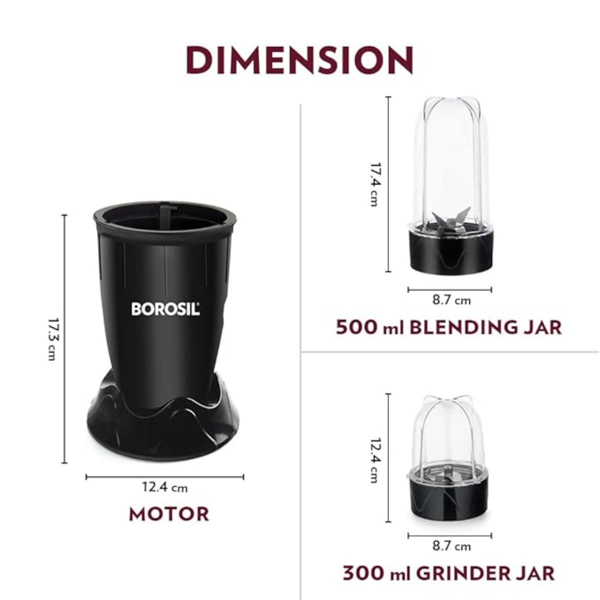 Borosil Nutrifresh PB31 Blender Grinder & Smoothie Maker Dimensions