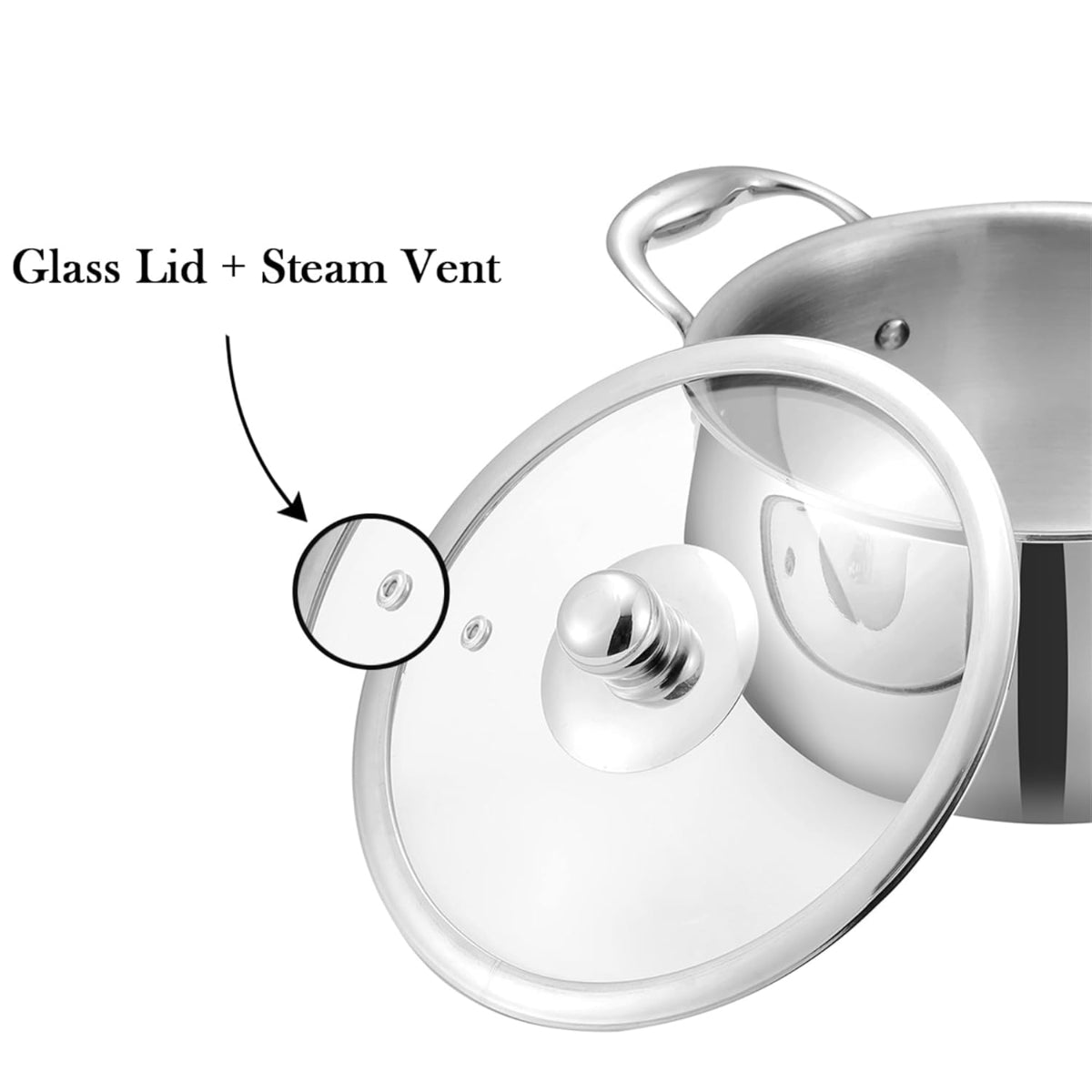 Vinod Platinum Triply Stainless Steel Medium Belly Saucepot With Glass Lid 2.5 Liter | Induction Base, Silver - PSOM18