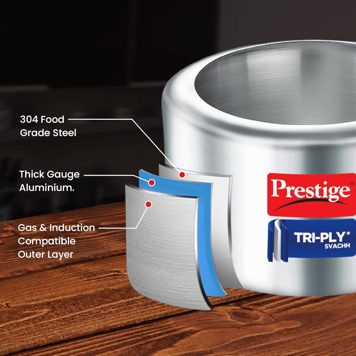 Prestige Triply Svachh Inner Lid, 2 Liter Pressure Cooker, Silver - 20717