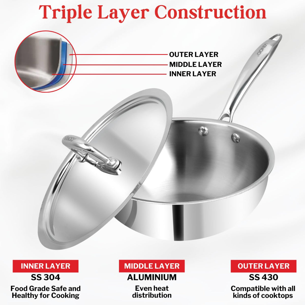 Vinod Platinum Triply Stainless Steel Deep Frypan with Stainless Steel Lid 22 cm | Induction Friendly, Silver -  PTDF22