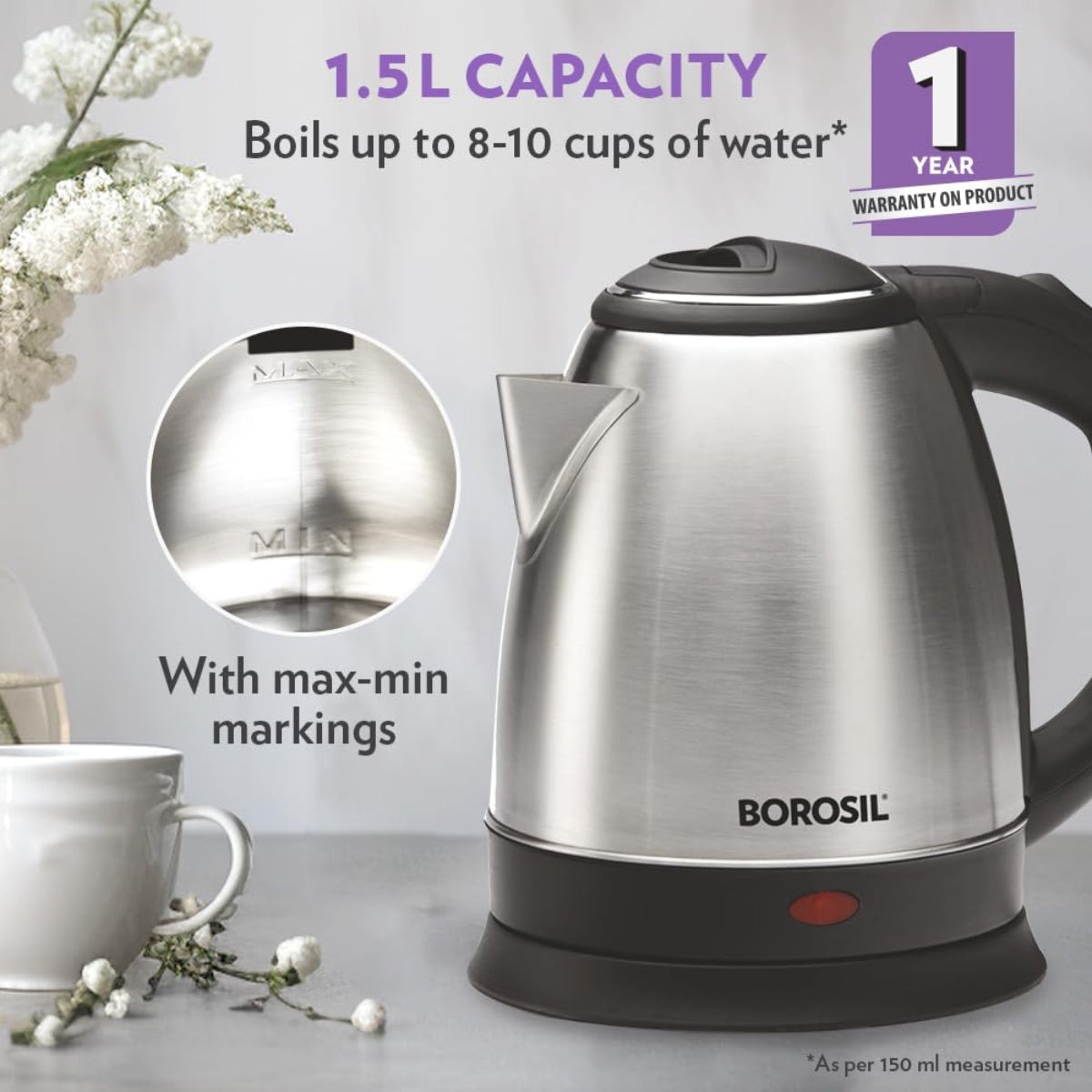 Borosil 1350 Watts, 1.5 Liter Rio Electric Kettle - BKE15LSSB23