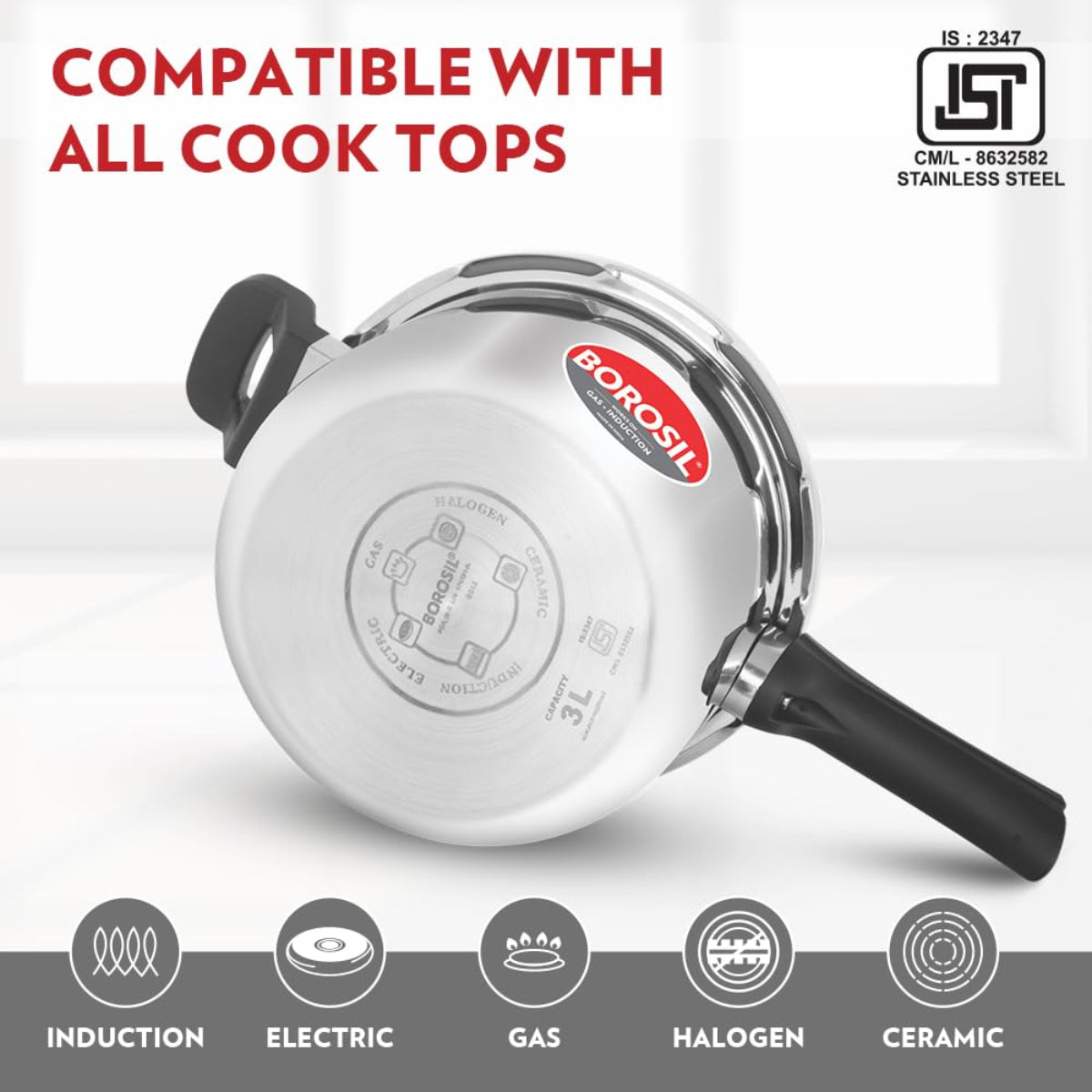 Borosil Presto Triply Stainless Steel Outer Lid 3L Pressure Cooker, Induction - CFTPLYOLC01