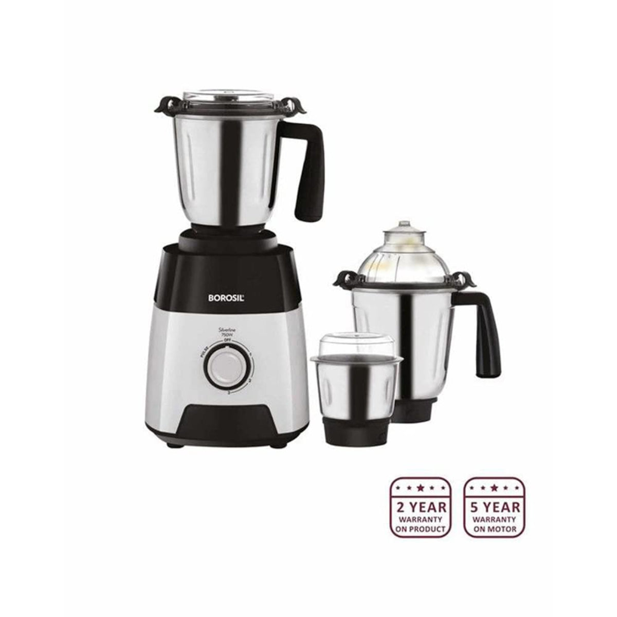 Borosil Silverline 750 Watts Mixer Grinder with 3 Jars - HAMG750W16