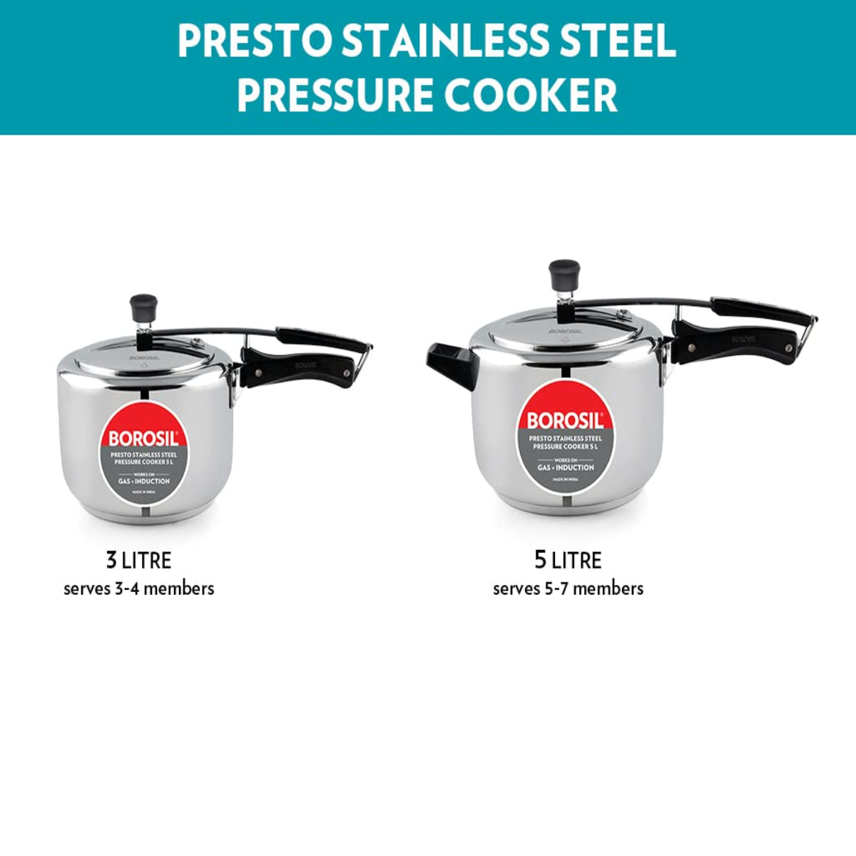 Borosil Presto Stainless Steel Inner Lid 5L Pressure Cooker, Induction - CFPC5LSS02S