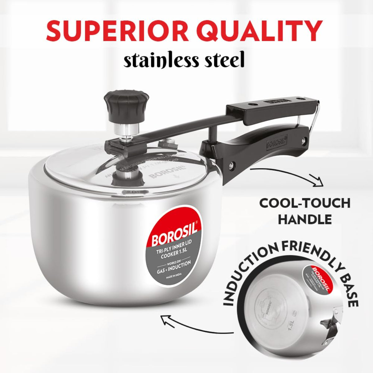 Borosil Triply Stainless Steel Inner Lid 5L Pressure Cooker, Induction Base - CFTPLYILC04