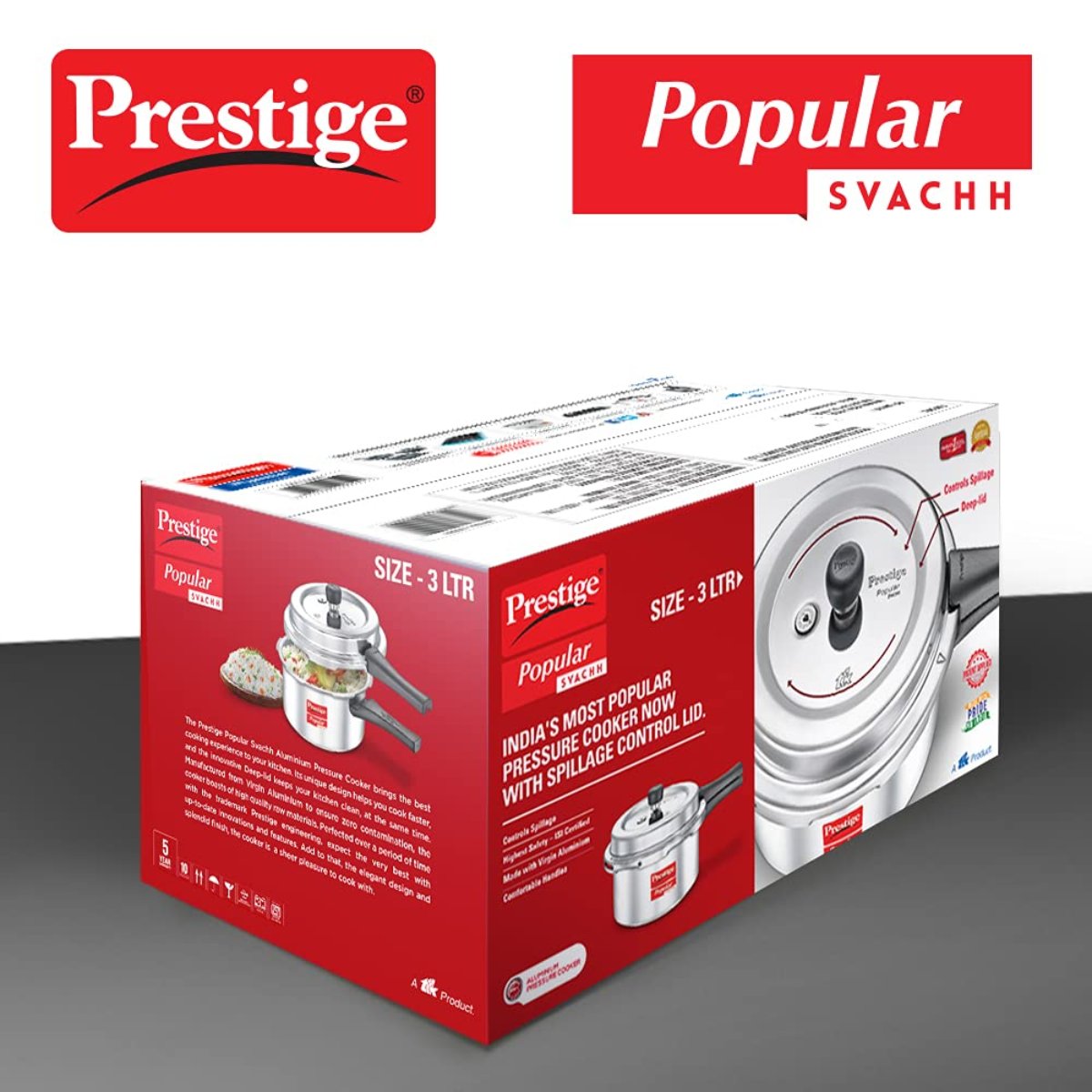 Prestige Popular Svachh Aluminium Outer Lid 3 Liter Pressure Cooker, Silver - 10165