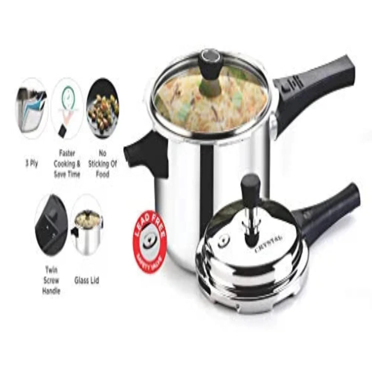 Crystal Tri-Pro Triply SS 2L Pressure Cooker with Additional Glass Lid, Induction - CPC-021