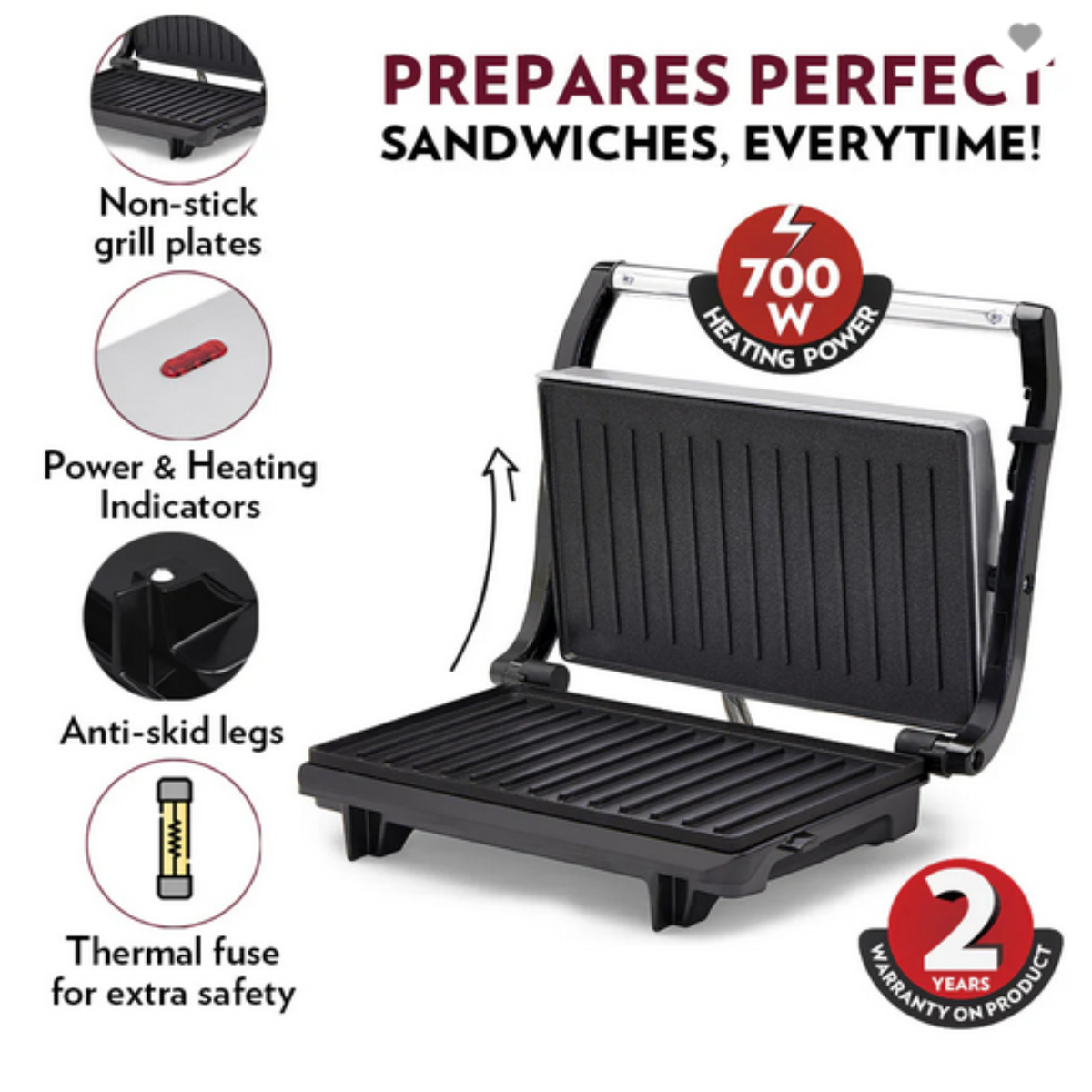Borosil 700 Watts Prime Grill Sandwich Maker | Opens 90° , 2 Sandwich - BGRILLPS11