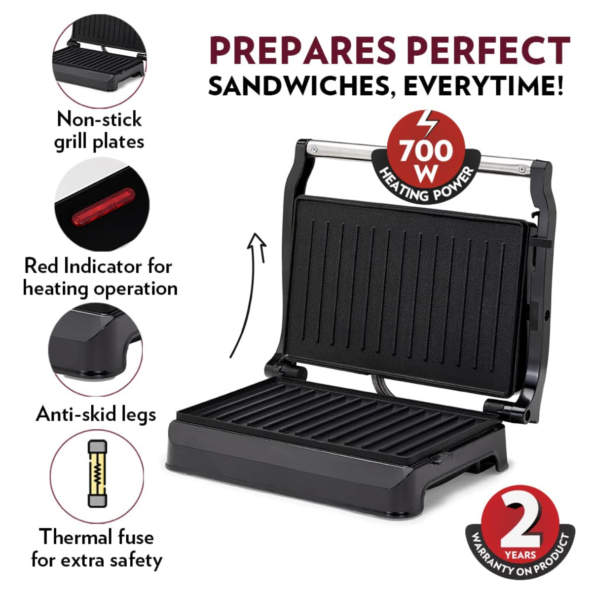 Borosil 700 Watts Meta Prime Grill Sandwich Maker | Opens 90° , 2 Sandwiches - BGRILLSS13