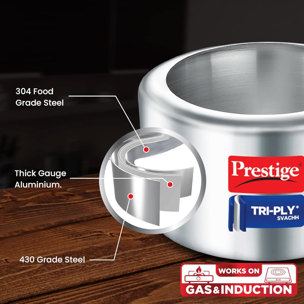 Prestige Triply Svachh Inner Lid, 3.5 Liter Pressure Cooker, Silver - 20720