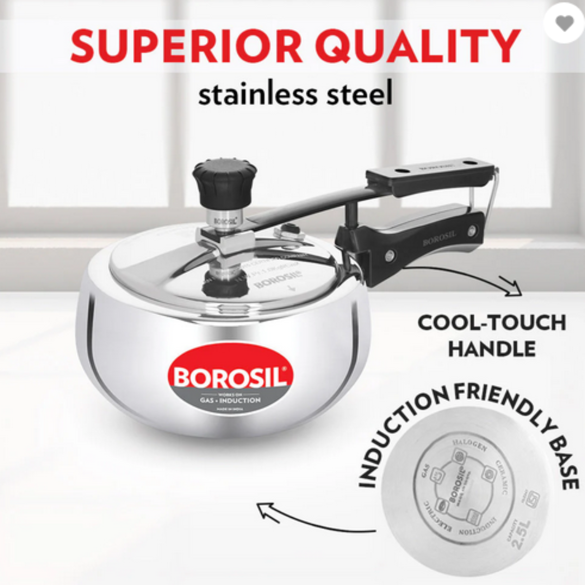Borosil Pronto Triply Stainless Steel Inner Lid 2.5L Pressure Cooker, Induction - CFTPLYILC07