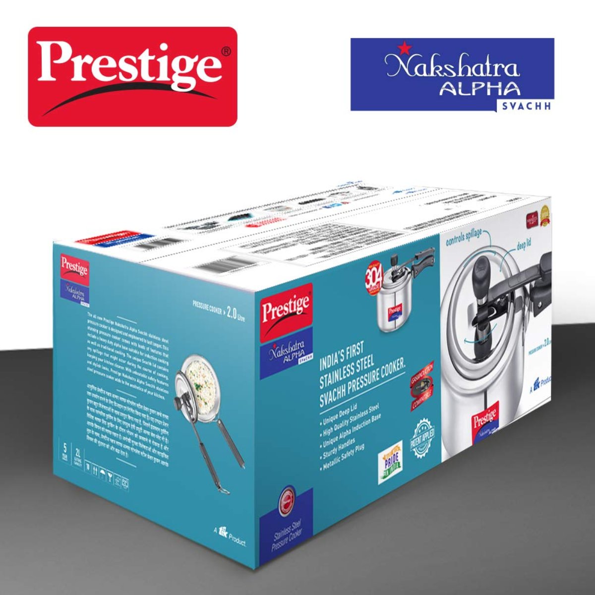 Prestige Svachh Nakshatra Alpha Stainless Steel 2 Liter Pressure Cooker, Silver - 20244