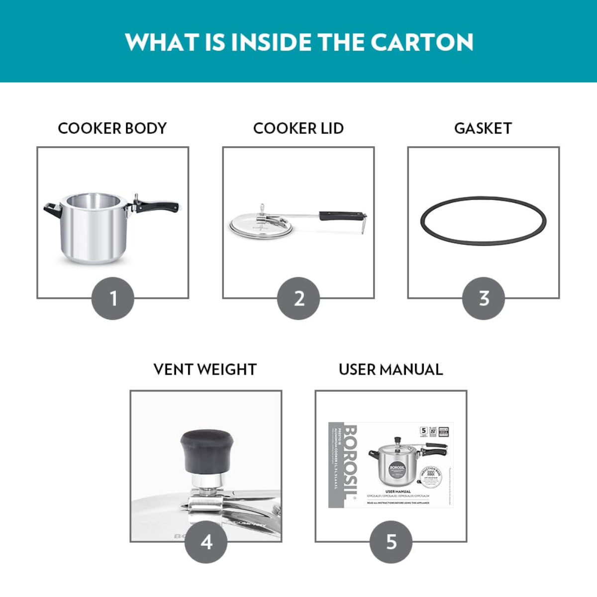 Borosil Presto Aluminum 6.5 Liter Inner Lid Pressure Cooker, Induction Base - CFPC7LAL04