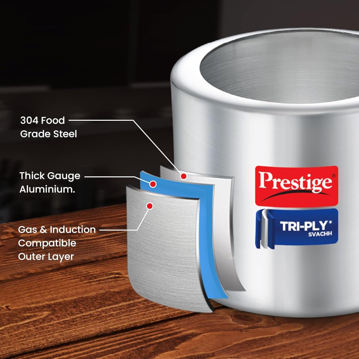 Prestige Triply Svachh Inner Lid, 3 Liter Pressure Cooker, Silver - 20714