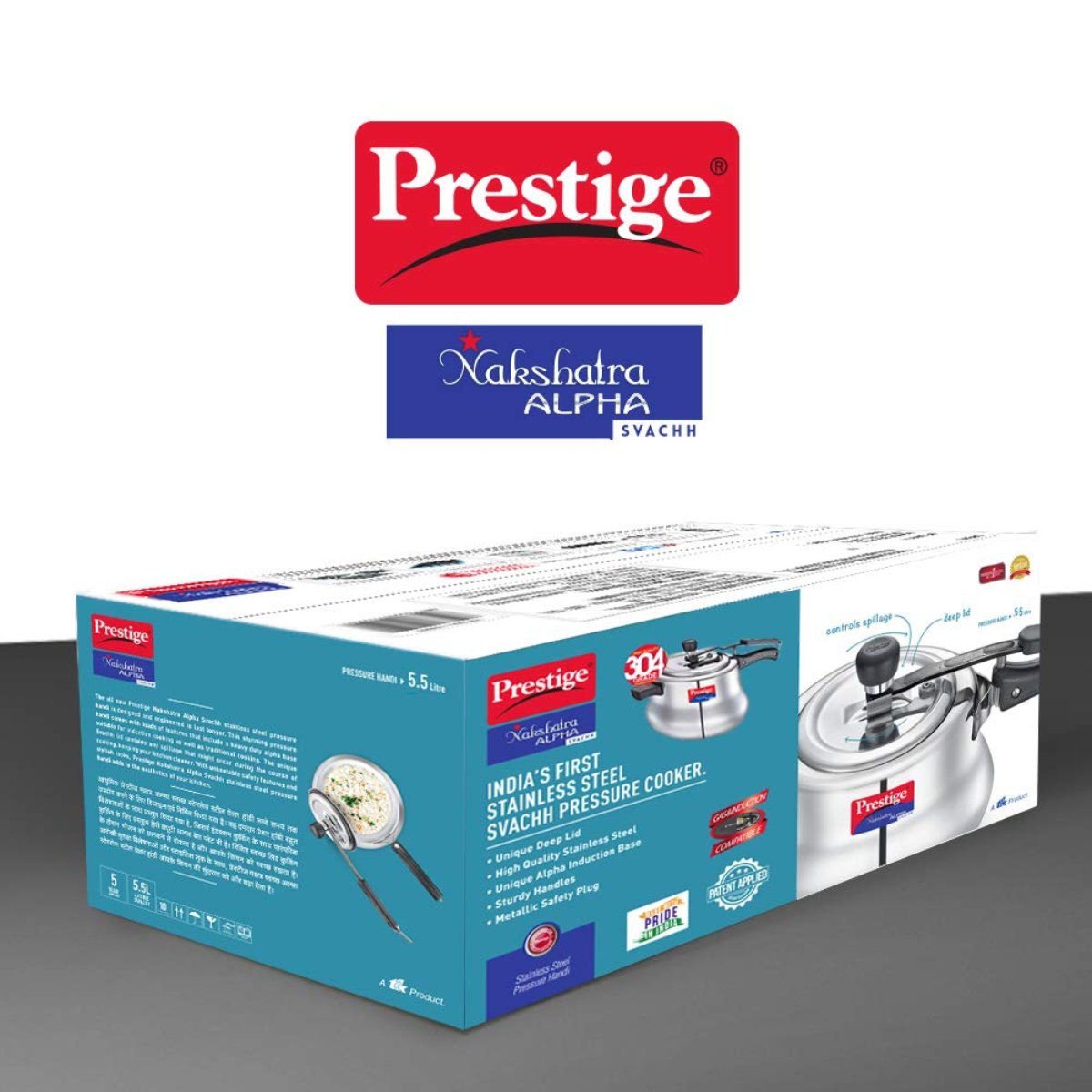 Prestige Svachh Nakshatra Alpha Stainless Steel 5.5 Liter Handi Pressure Cooker, Silver - 20258