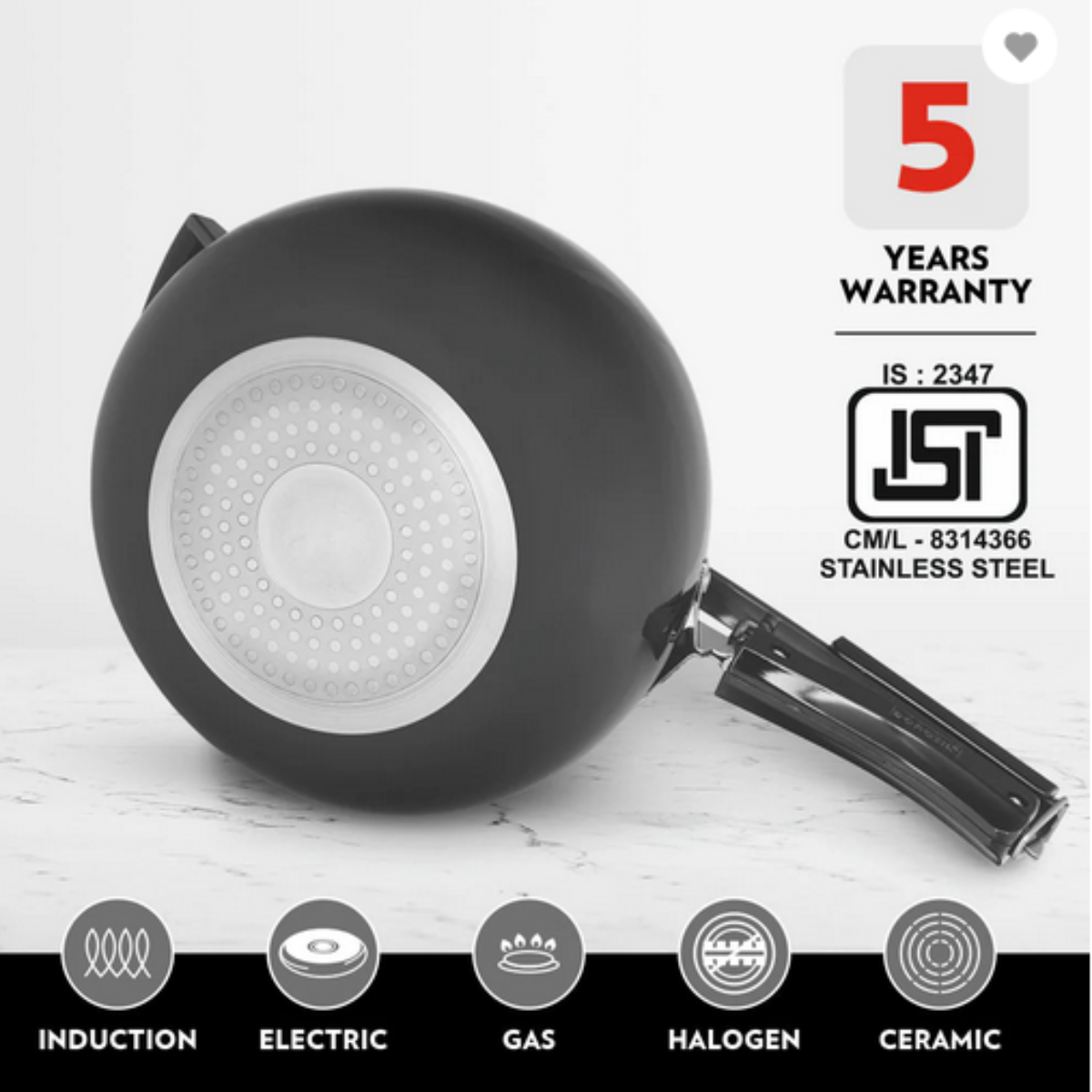 Borosil Pronto Hard Anodised SS Lid 5L Pressure Cooker, Induction Base - HAPRON05PC03