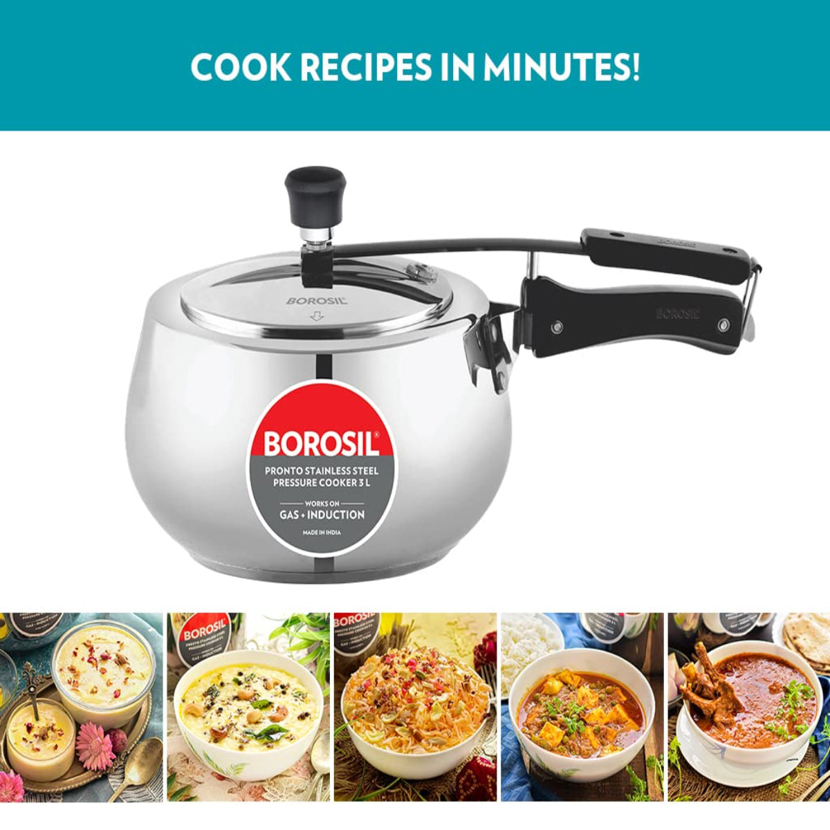 Borosil Pronto Stainless Steel 3 Liter Pressure Cooker, Induction - CFPC3LSH03S