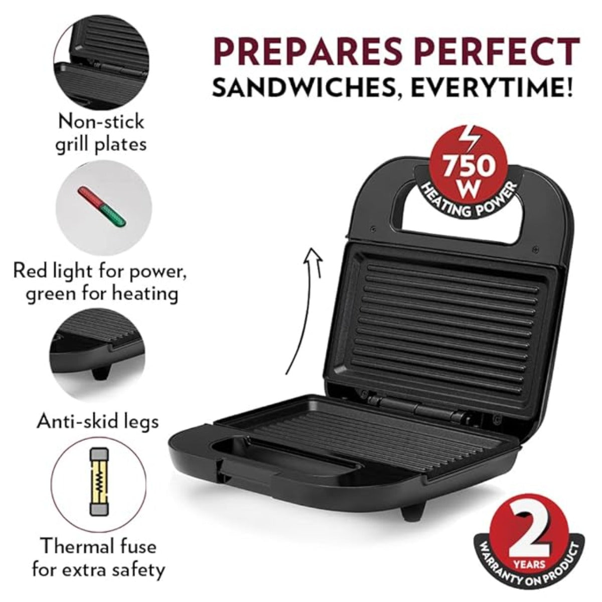 Features of Borosil Novus Grill Sandwich Maker 750W