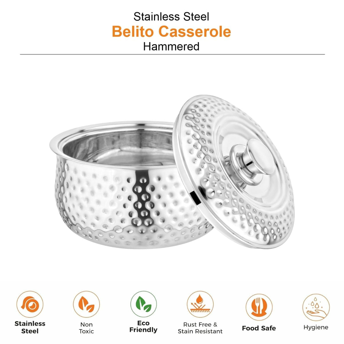 Prabha Stainless Steel Casserole Hammered Belito with Lid