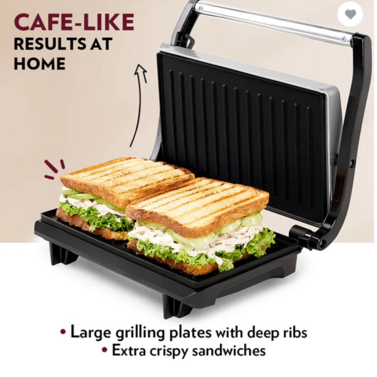 Borosil 700 Watts Prime Grill Sandwich Maker | Opens 90° , 2 Sandwich - BGRILLPS11