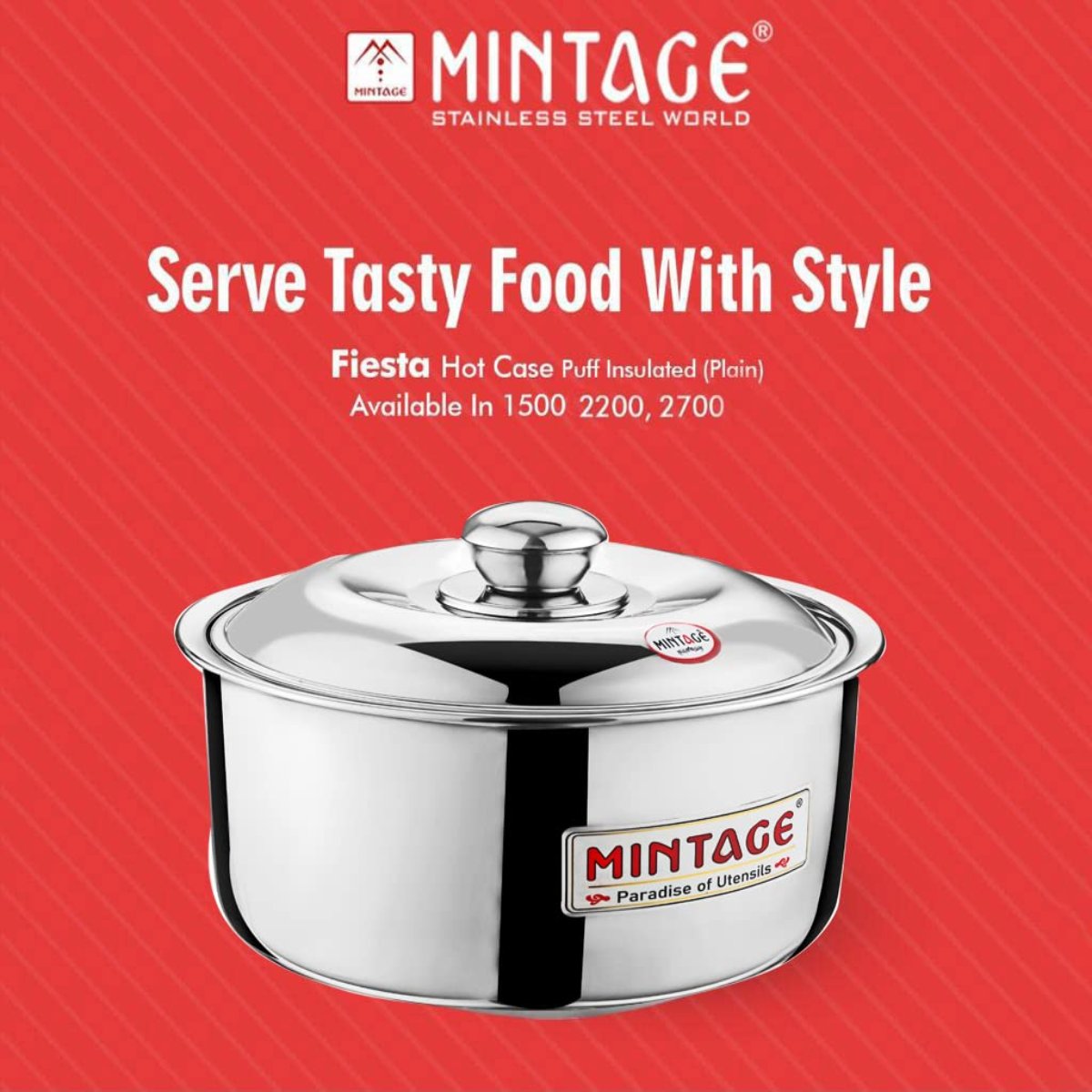 Mintage Fiesta Casserole with Stainless Steel Lid 2200 ml Medium, Silver - HCF-22
