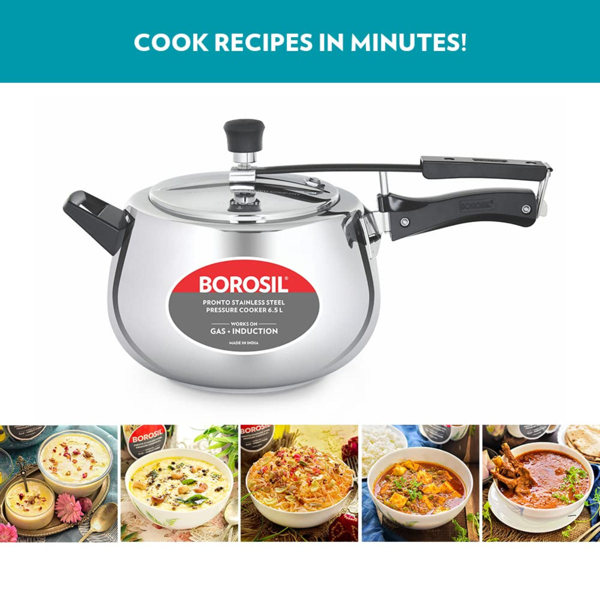 Borosil Pronto Stainless Steel 6.5 Liter Pressure Cooker, Induction - CFPC7LSS07