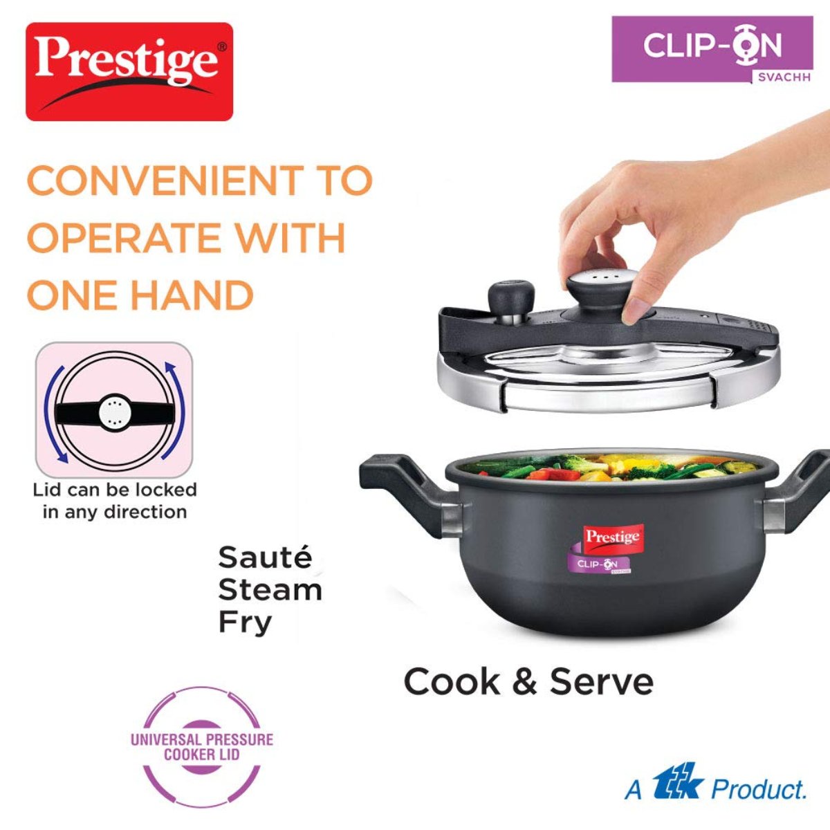 Prestige Svachh Clip-on Outer Lid Hard Anodised 3.5 Liter Pressure Kadhai Cooker with Glass Lid - 20234