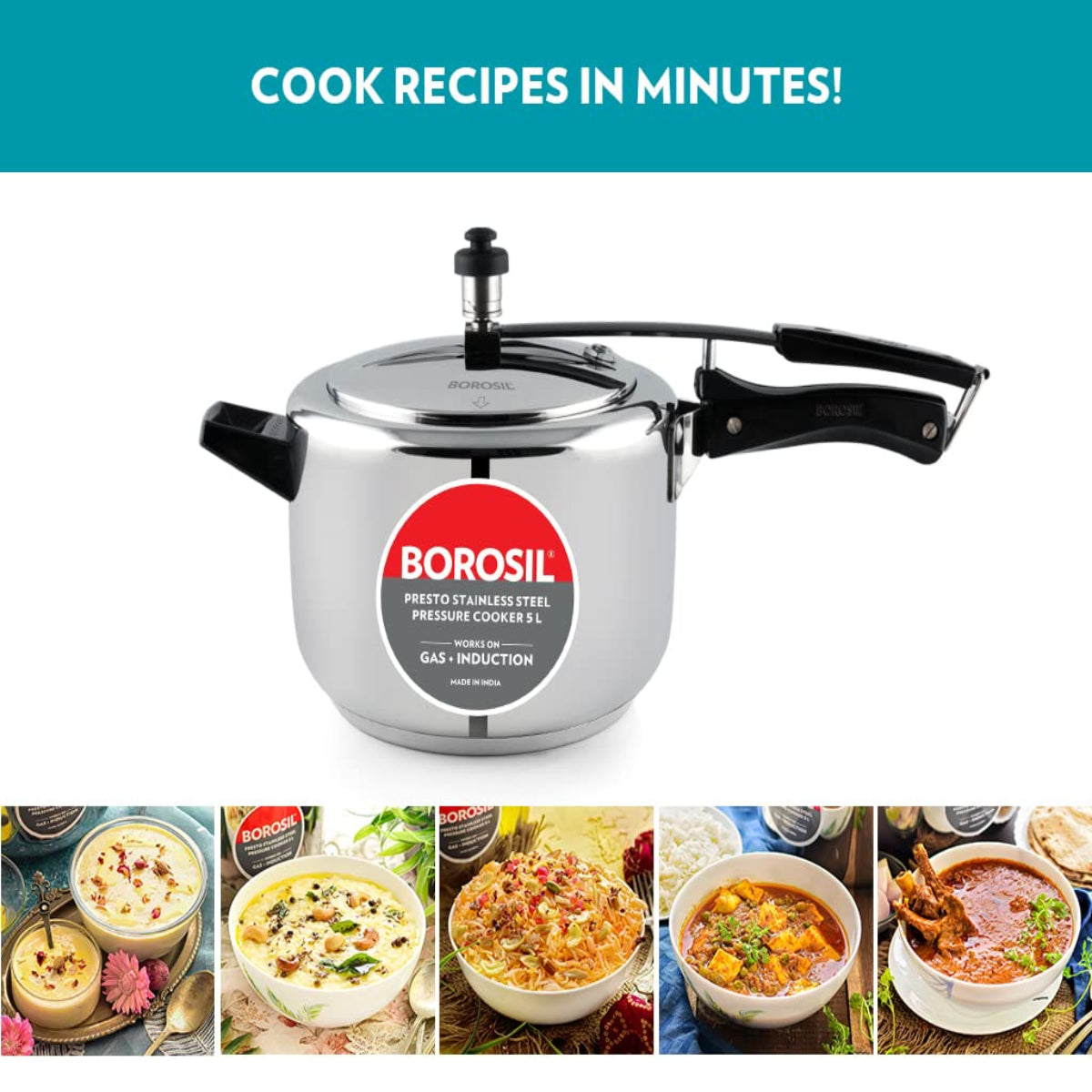 Borosil Presto Stainless Steel Inner Lid 5L Pressure Cooker, Induction - CFPC5LSS02S