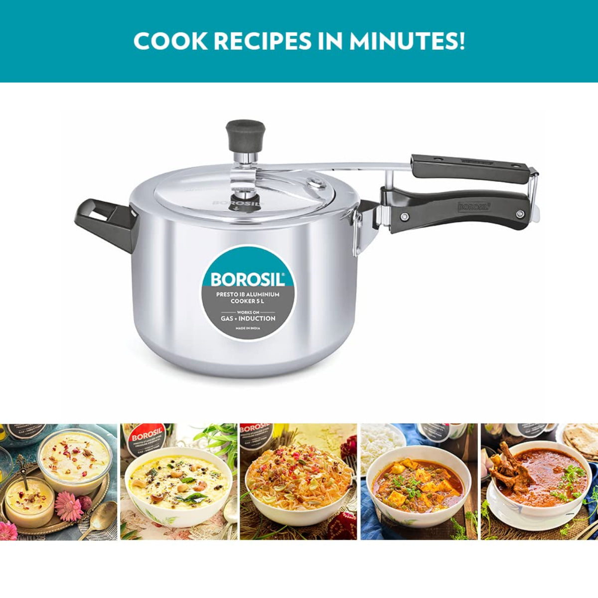 Borosil Presto Aluminum 5 Liter Inner Lid Pressure Cooker, Induction Base - CFPC5LAL03