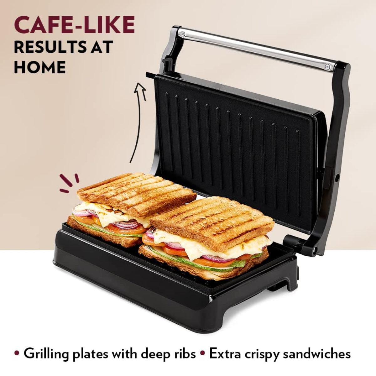 Borosil 700 Watts Meta Prime Grill Sandwich Maker | Opens 90° , 2 Sandwiches - BGRILLSS13