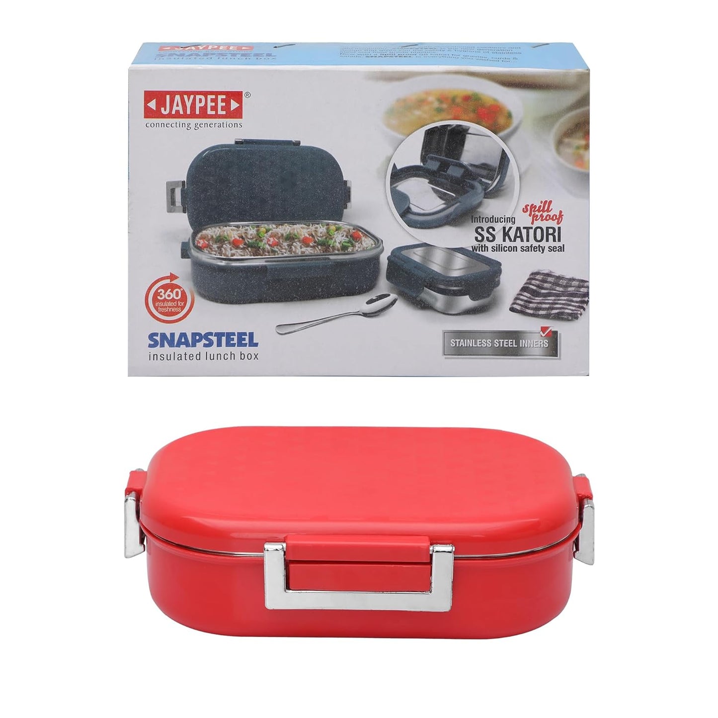 Jaypee Stainless Steel Insulated Airtight, Leak Resistant Lunch Box with Spoon Snapsteel Red Stainless Steel Lunch Pack for Office & School Use 650 ml
