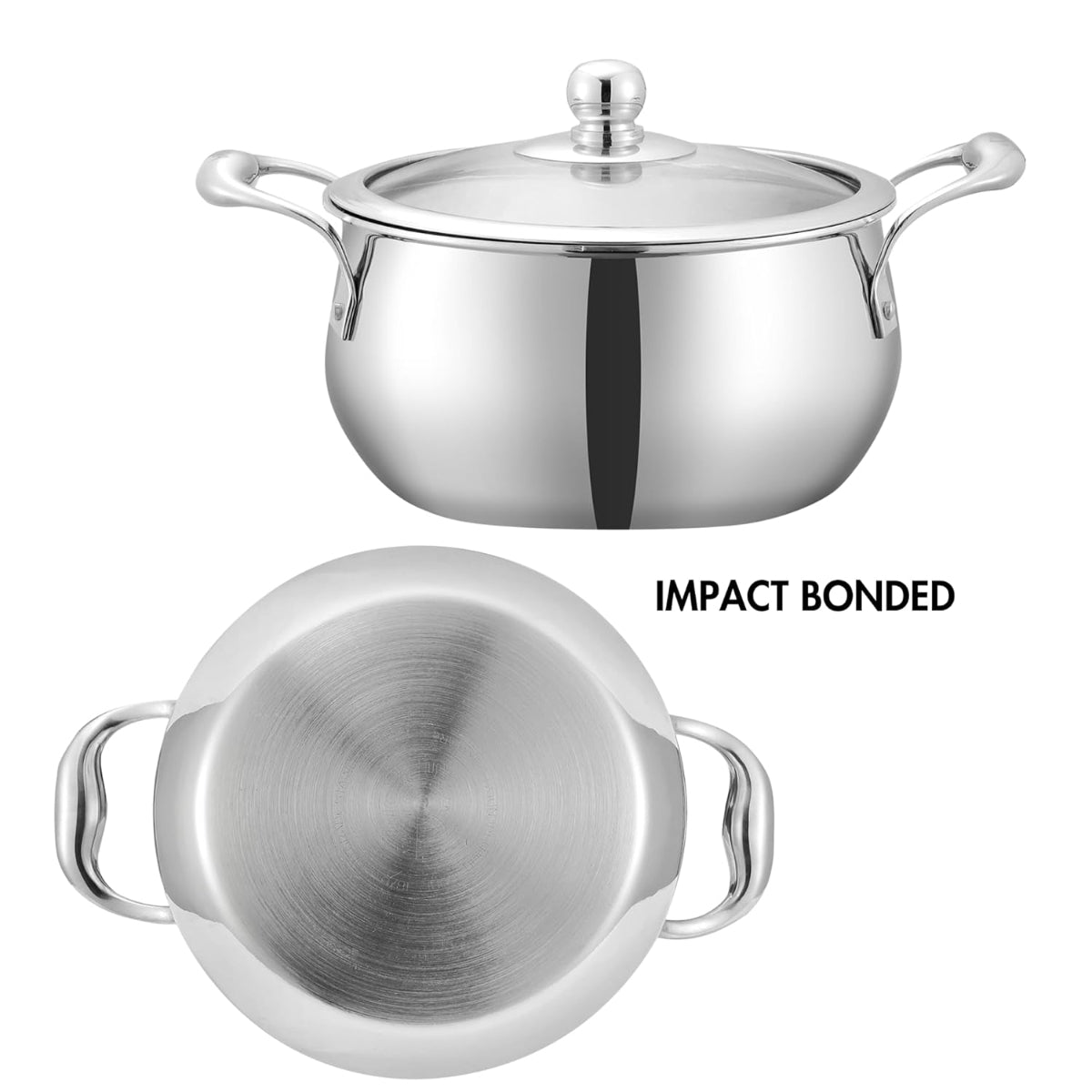 Vinod Platinum Triply Stainless Steel Medium Belly Saucepot With Glass Lid 2.5 Liter | Induction Base, Silver - PSOM18