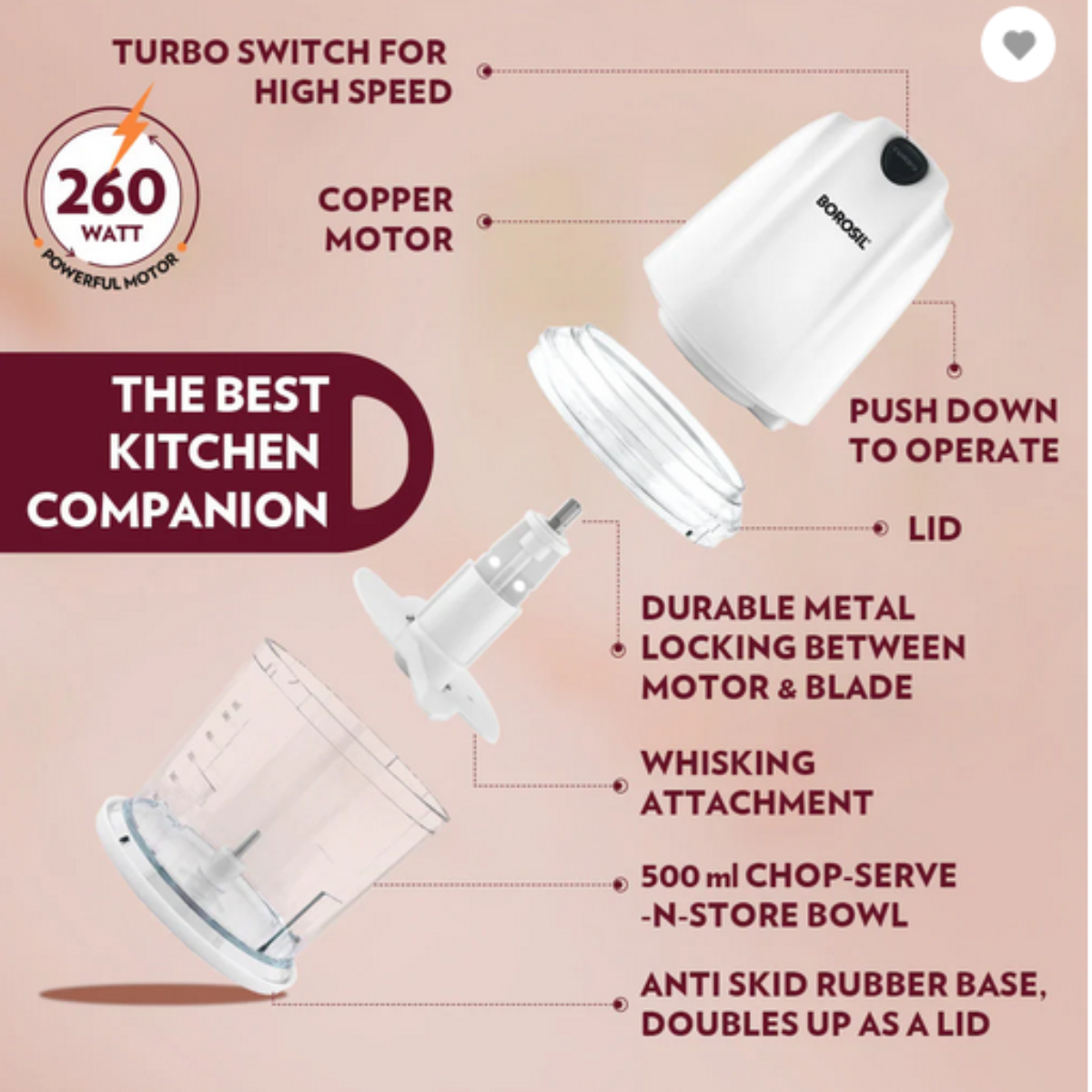 Borosil Chef Delite 260 Watts Electric Chopper - BCH26PBB41