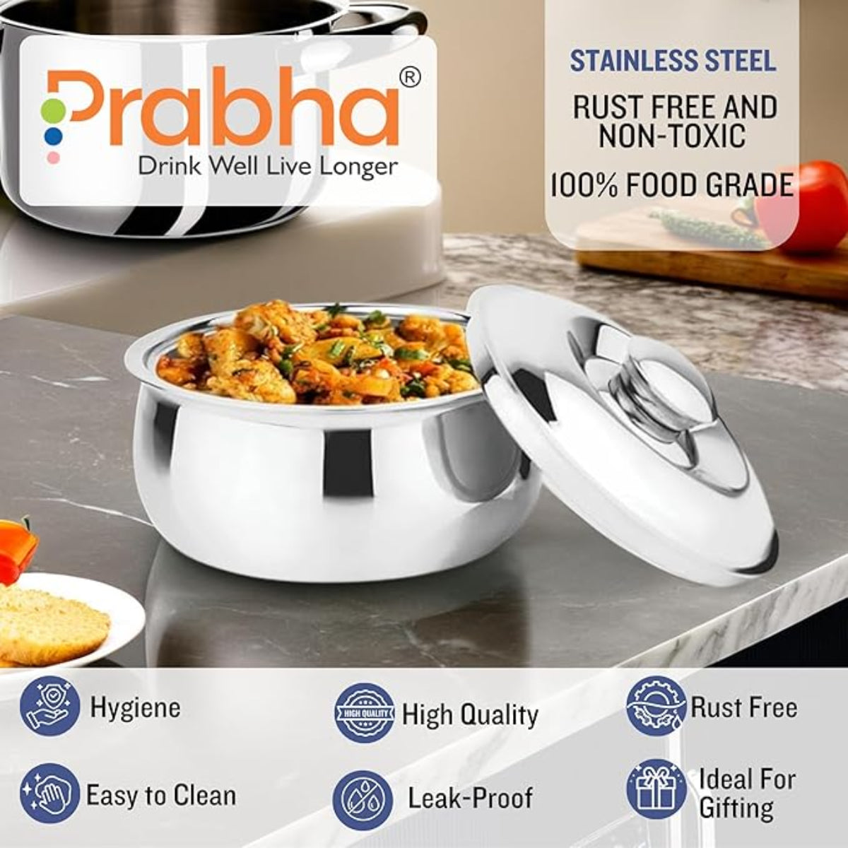Prabha Stainless Steel Belito  Casserole With Lid
