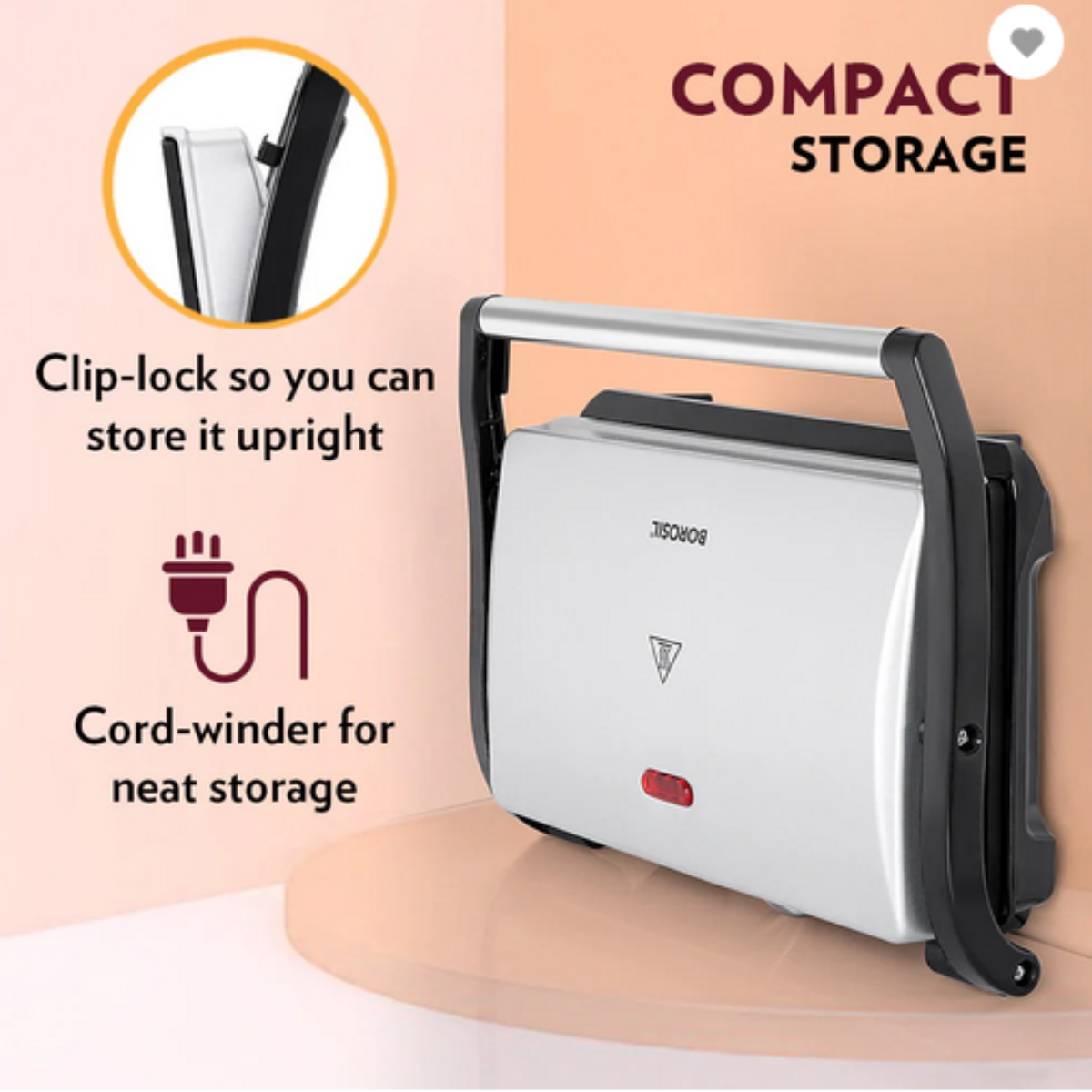 Borosil 700 Watts Prime Grill Sandwich Maker | Opens 90° , 2 Sandwich - BGRILLPS11