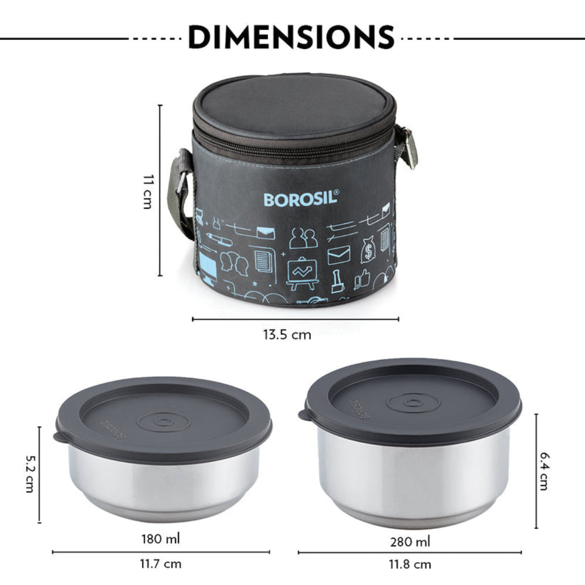 Borosil Carryfresh Lunchbox, Set of 2, Large, 180ml + 280ml