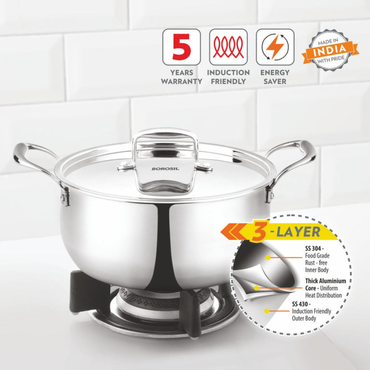 Borosil Cookfresh Triply Casserole (Steel Handle + Lid) 2.1L | 2.8 L | 3.6 L | 4.6 L