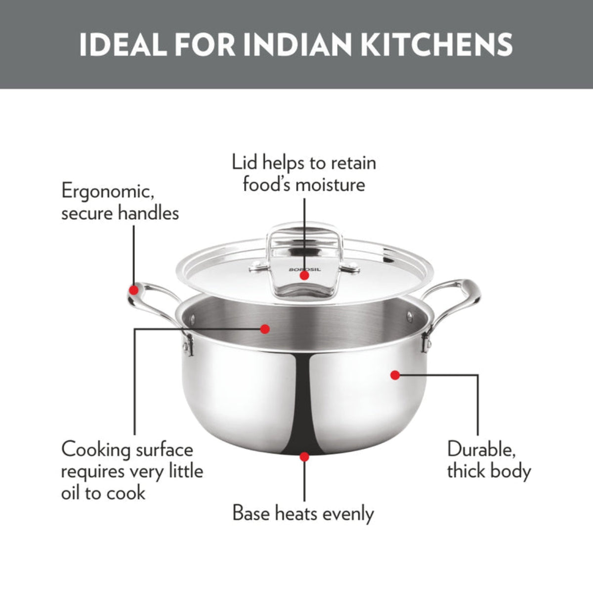 Borosil Cookfresh Triply Casserole (Steel Handle + Lid) 2.1L | 2.8 L | 3.6 L | 4.6 L