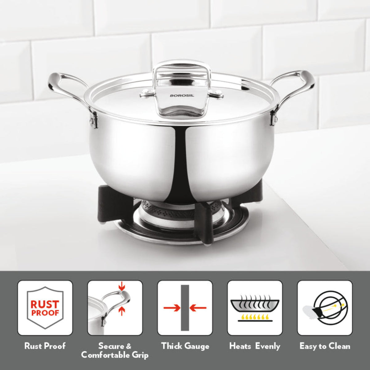 Borosil Cookfresh Triply Casserole (Steel Handle + Lid) 2.1L | 2.8 L | 3.6 L | 4.6 L
