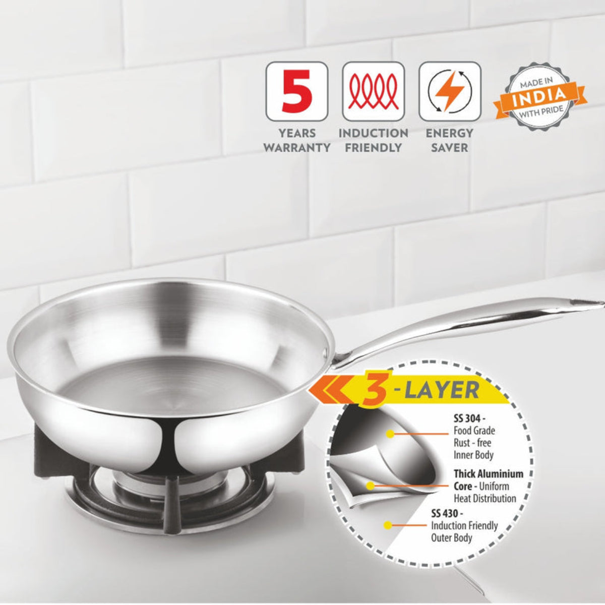 Borosil Cookfresh Triply Frying Pan (Steel Handle) 1.3L | 1.75L | 2.3L