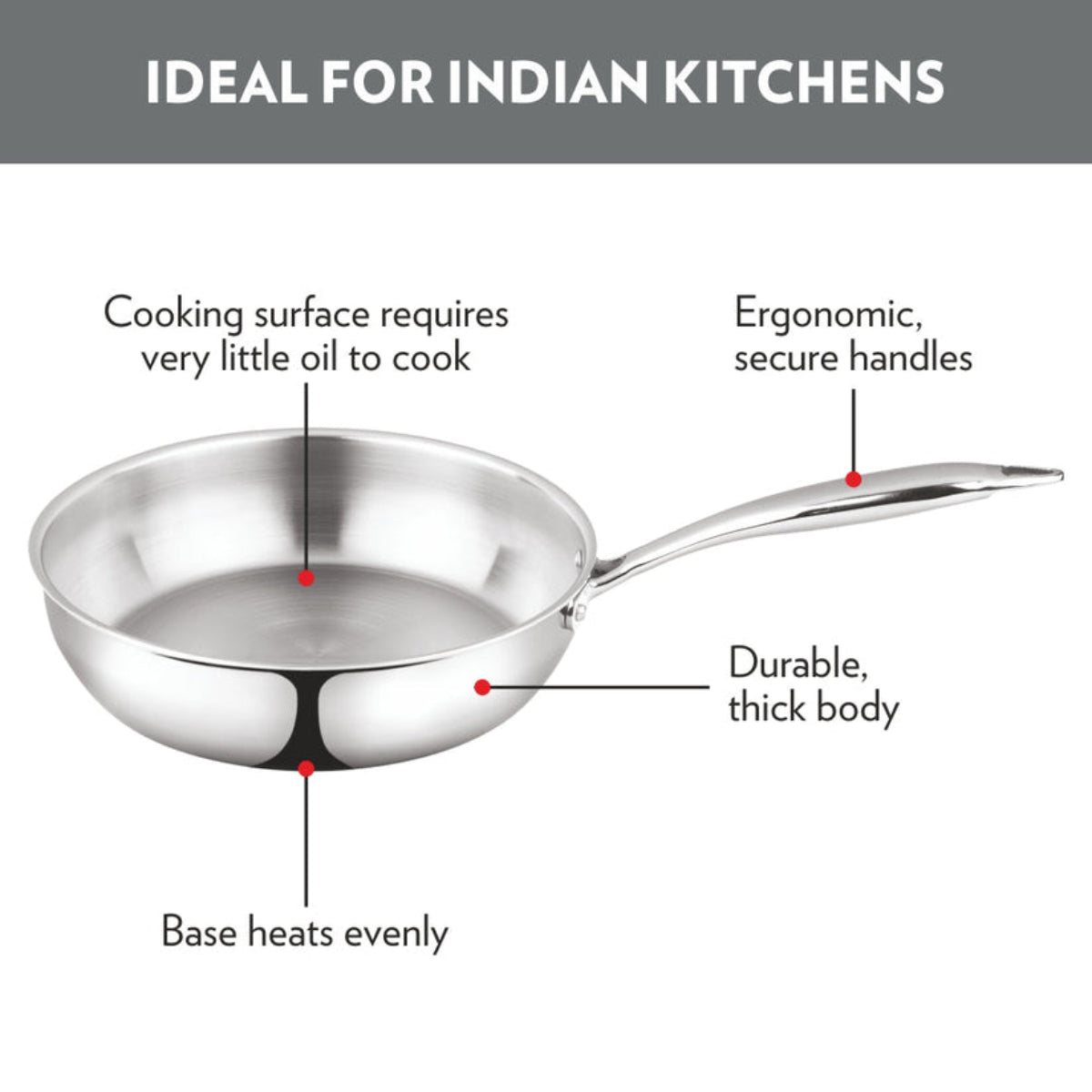 Borosil Cookfresh Triply Frying Pan (Steel Handle) 1.3L | 1.75L | 2.3L