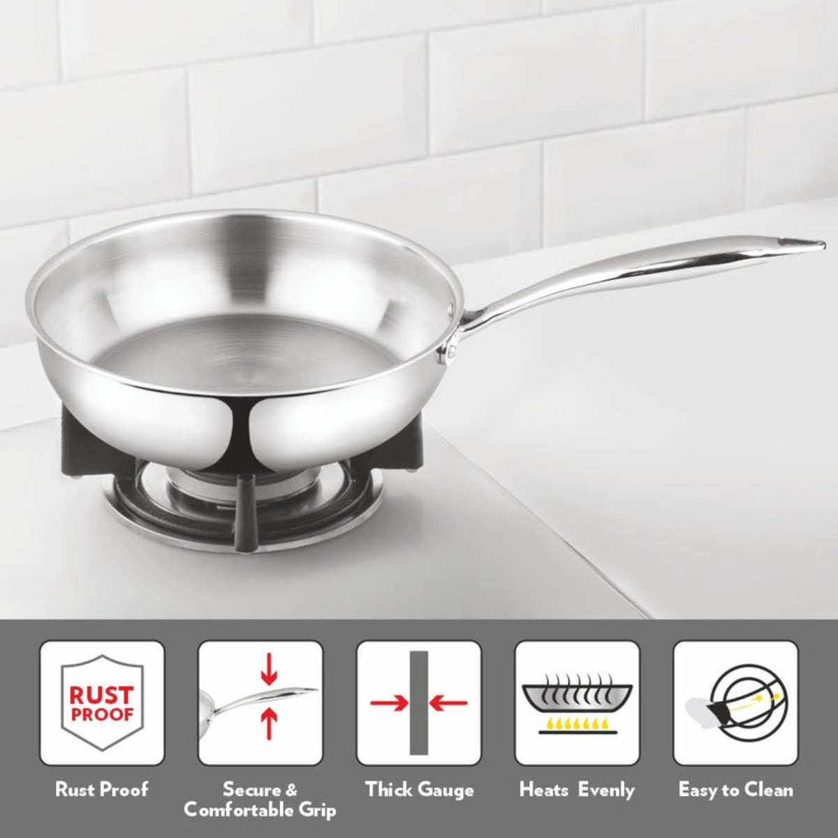 Borosil Cookfresh Triply Frying Pan (Steel Handle) 1.3L | 1.75L | 2.3L