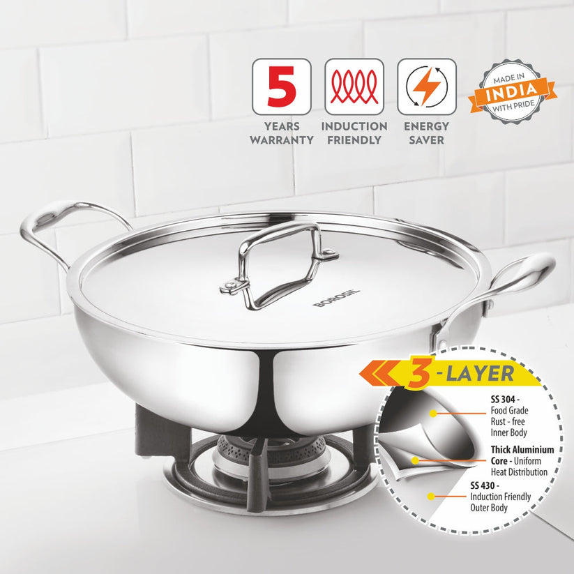 Borosil Cookfresh Triply Kadhai SS Handle With Lid 1.6 L| 2.1 L| 2.7 L|3.6 L| 4.6 L| 5.5 L| 6.4 L