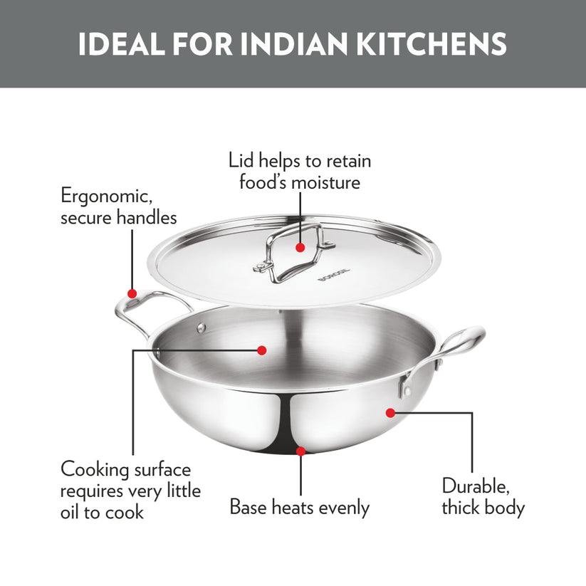 Borosil Cookfresh Triply Kadhai SS Handle With Lid 1.6 L| 2.1 L| 2.7 L|3.6 L| 4.6 L| 5.5 L| 6.4 L