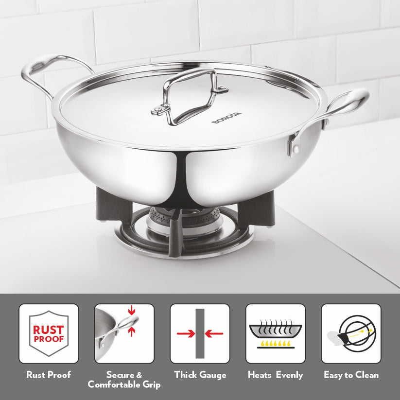 Borosil Cookfresh Triply Kadhai SS Handle With Lid 1.6 L| 2.1 L| 2.7 L|3.6 L| 4.6 L| 5.5 L| 6.4 L