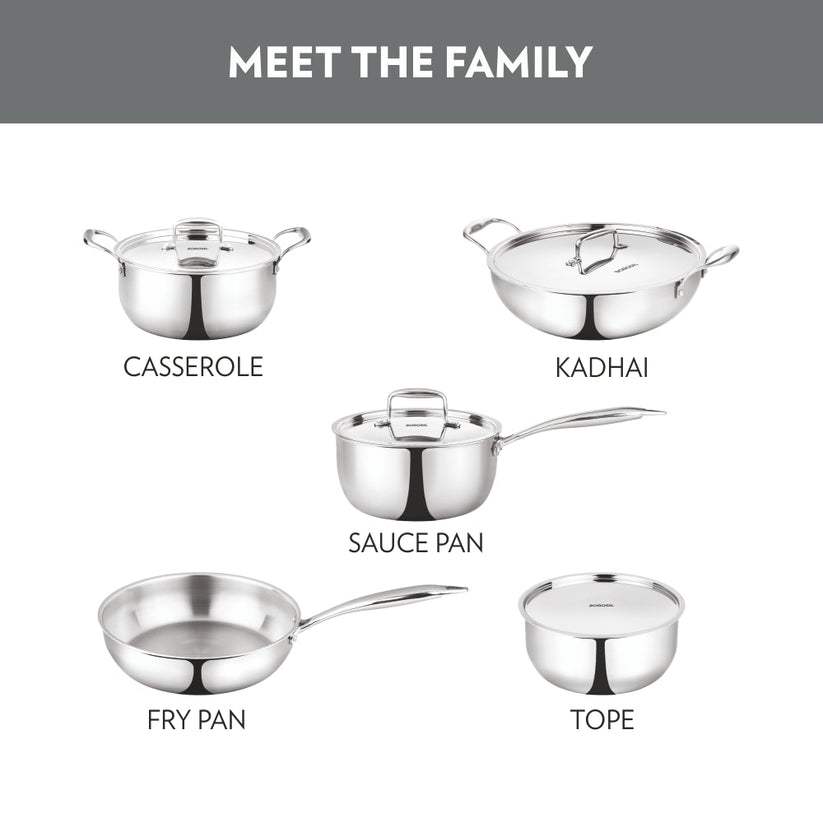 Borosil Cookfresh Triply Kadhai SS Handle With Lid 1.6 L| 2.1 L| 2.7 L|3.6 L| 4.6 L| 5.5 L| 6.4 L