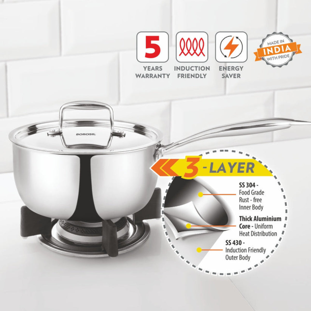 Borosil Cookfresh Triply Saucepan Steel Handle 1.6L | 2.3L | 3.1L