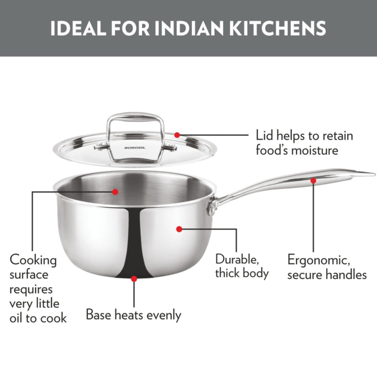 Borosil Cookfresh Triply Saucepan Steel Handle 1.6L | 2.3L | 3.1L
