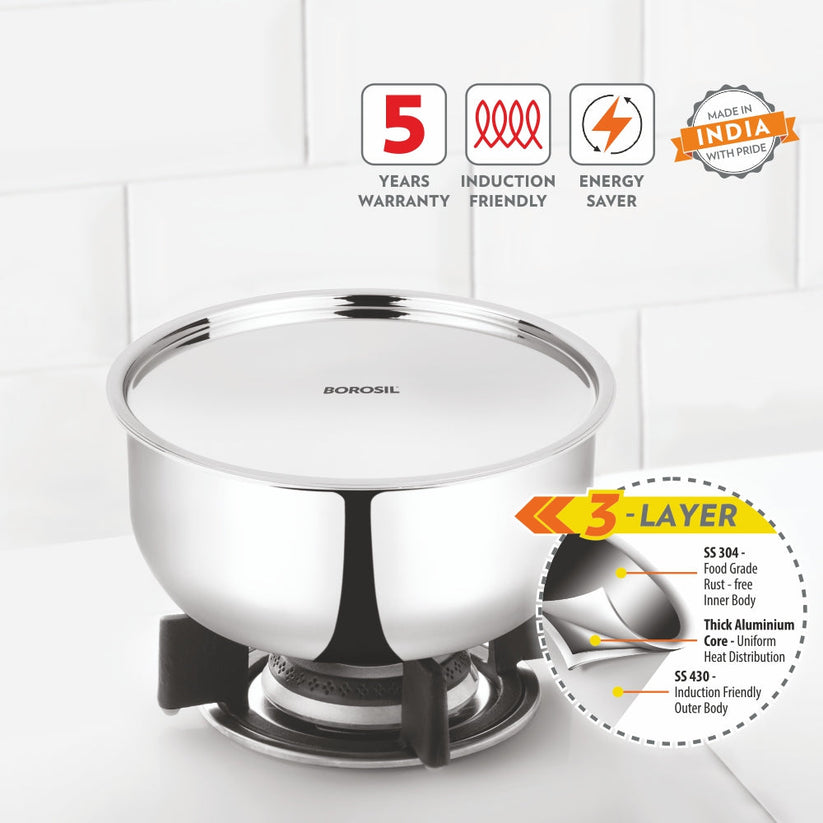 Borosil Cookfresh SS Triply Tope With Lid 1.2L | 3.1L | 3.6L | 4.6L