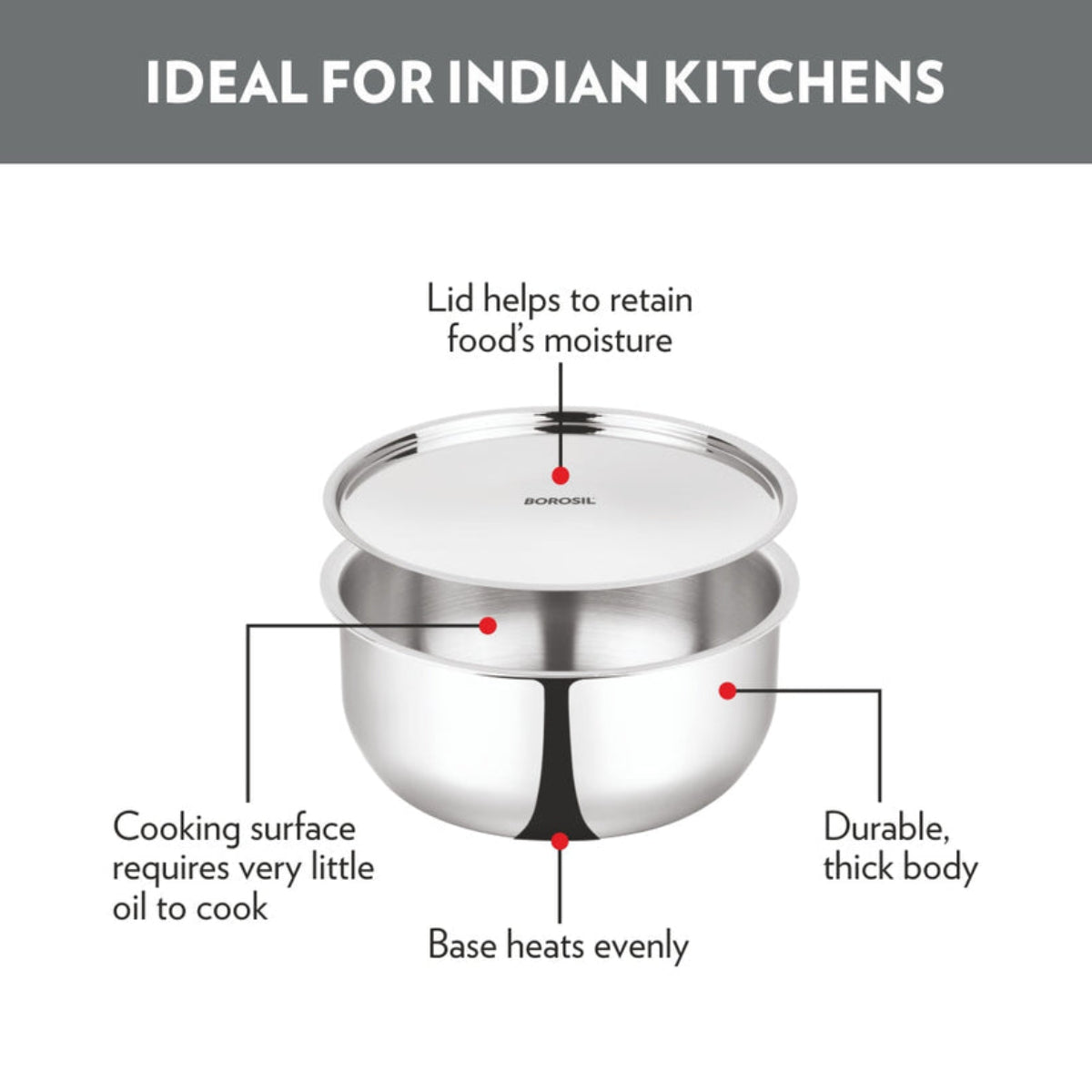 Borosil Cookfresh SS Triply Tope With Lid 1.2L | 3.1L | 3.6L | 4.6L